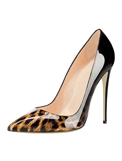 COLETER Pointy Toe Pumps for Women,Patent Gradient Animal Print High Heels Usual Dress Shoes