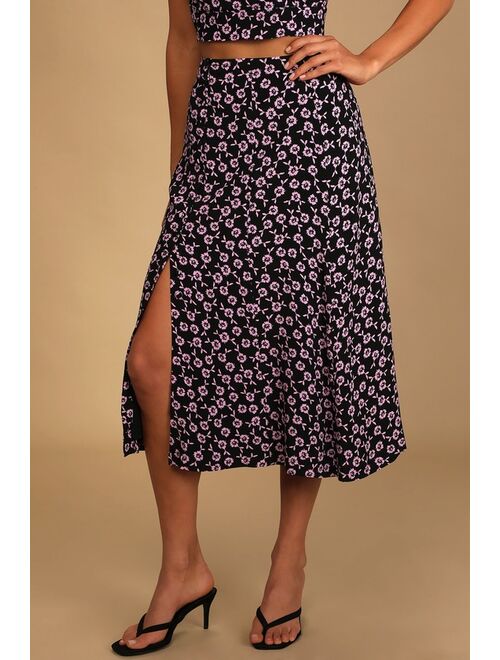 Lulus Wonderful Intentions Black Floral Print Button-Front Midi Skirt