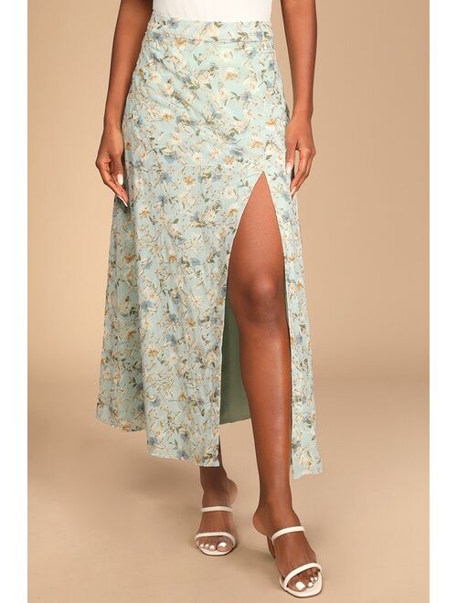 Lulus In Flower Sage Blue Floral Multi Print Embroidered Midi Skirt