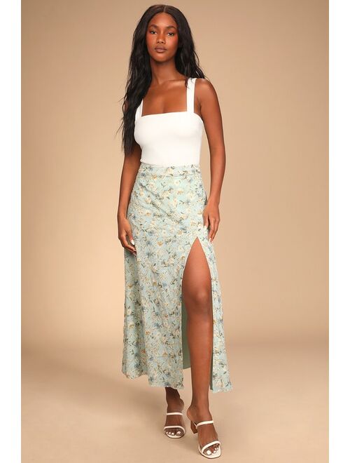 Lulus In Flower Sage Blue Floral Multi Print Embroidered Midi Skirt