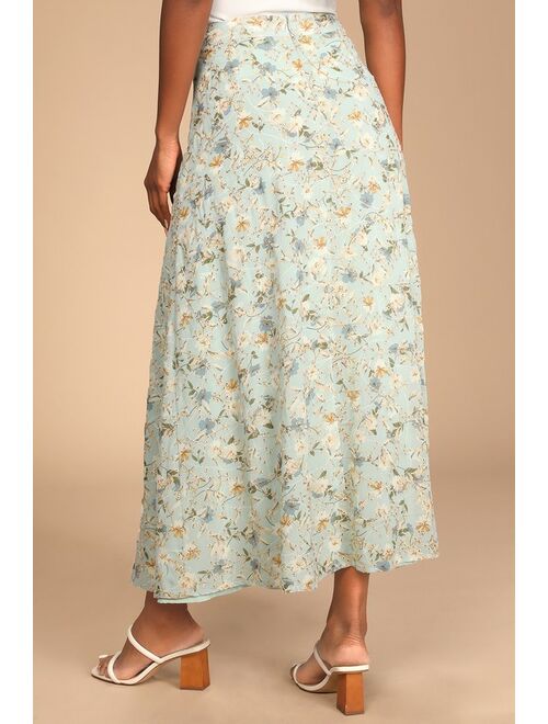 Lulus In Flower Sage Blue Floral Multi Print Embroidered Midi Skirt