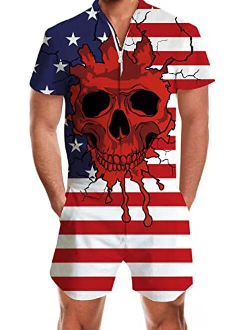 RAISEVERN Men's Rompers Male Zipper Jumpsuit Shorts One Piece Romper Bro Short Sleeve Shirt Outfits