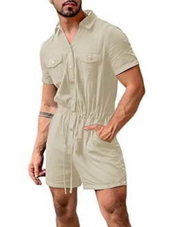 Bbalizko Mens Rompers Jumpsuits Cotton Button Down Short Sleeve One Piece Drawstring Shorts Coverall Tracksuits with Pockets