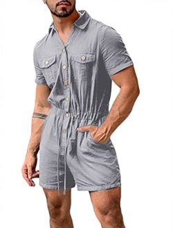 Bbalizko Mens Rompers Jumpsuits Cotton Button Down Short Sleeve One Piece Drawstring Shorts Coverall Tracksuits with Pockets