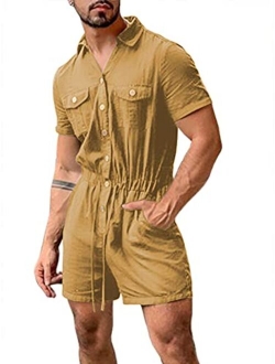 Bbalizko Mens Rompers Jumpsuits Cotton Button Down Short Sleeve One Piece Drawstring Shorts Coverall Tracksuits with Pockets