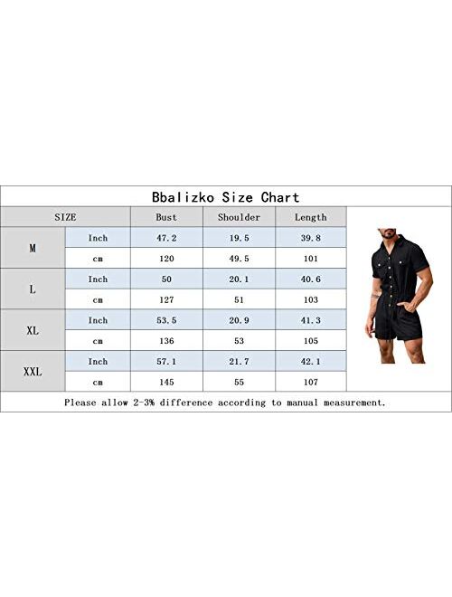 Bbalizko Mens Rompers Jumpsuits Cotton Button Down Short Sleeve One Piece Drawstring Shorts Coverall Tracksuits with Pockets