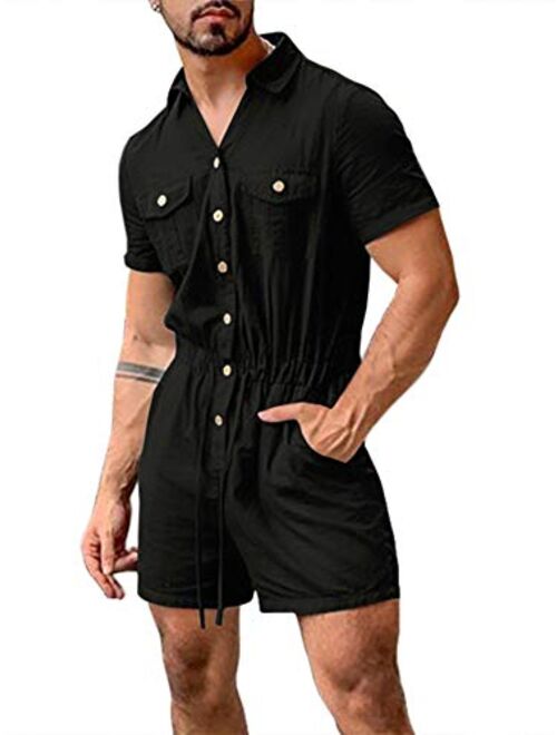 Bbalizko Mens Rompers Jumpsuits Cotton Button Down Short Sleeve One Piece Drawstring Shorts Coverall Tracksuits with Pockets