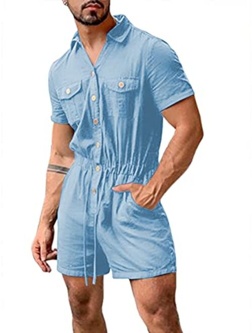 Bbalizko Mens Rompers Jumpsuits Cotton Button Down Short Sleeve One Piece Drawstring Shorts Coverall Tracksuits with Pockets