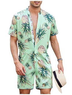 Men's One Piece Rompers Short Sleeve Hawaiian Floral Shirt Zipper Jumpsuit Shorts Casual Beach Playsuit with Pockets