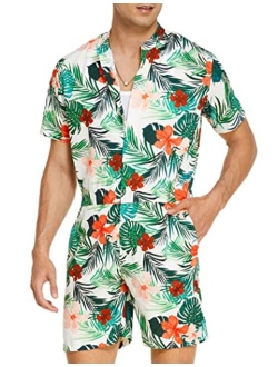 Men's One Piece Rompers Short Sleeve Hawaiian Floral Shirt Zipper Jumpsuit Shorts Casual Beach Playsuit with Pockets