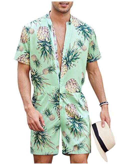 COOFANDY Men's One Piece Rompers Short Sleeve Hawaiian Floral Shirt Zipper Jumpsuit Shorts Casual Beach Playsuit with Pockets