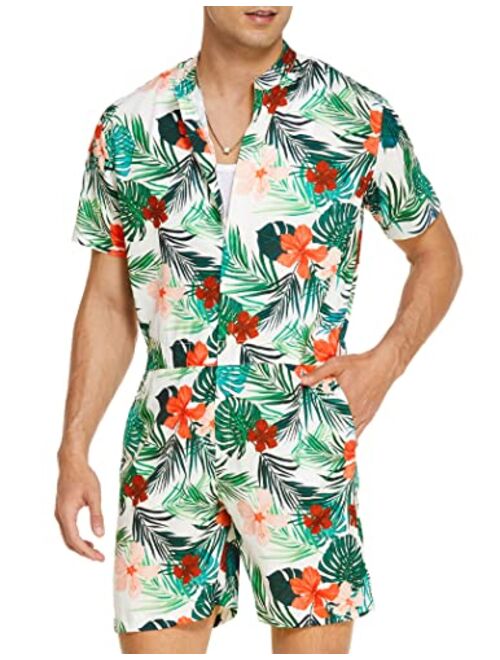 COOFANDY Men's One Piece Rompers Short Sleeve Hawaiian Floral Shirt Zipper Jumpsuit Shorts Casual Beach Playsuit with Pockets