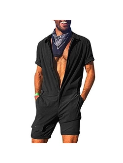 Axyrxwr Mens Short Sleeve Shorts Jumpsuits Summer Casual Rompers Zip Jumpsuit One Piece Party Hawaiian Bodysuit With Pocket