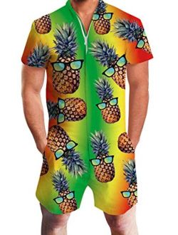 Goodstoworld Male Hawaiian Romper Fashion Zipper Slim Fit Jumpsuit with Pocket S-XXL