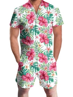 Goodstoworld Male Hawaiian Romper Fashion Zipper Slim Fit Jumpsuit with Pocket S-XXL