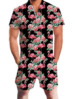 Goodstoworld Male Hawaiian Romper Fashion Zipper Slim Fit Jumpsuit with Pocket S-XXL