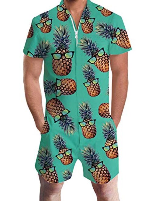 Goodstoworld Male Hawaiian Romper Fashion Zipper Slim Fit Jumpsuit with Pocket S-XXL