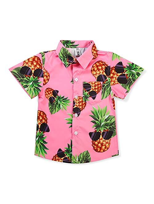 OCHENTA Boys Button Down Hawaiian Shirt Pineapple Sunglass Print Short Sleeve Aloha Party Tropical Beach Dress Tops