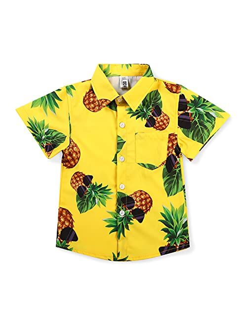 OCHENTA Boys Button Down Hawaiian Shirt Pineapple Sunglass Print Short Sleeve Aloha Party Tropical Beach Dress Tops