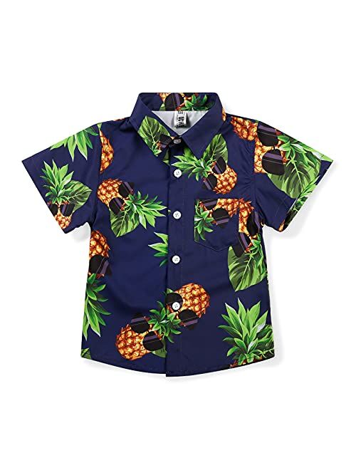 OCHENTA Boys Button Down Hawaiian Shirt Pineapple Sunglass Print Short Sleeve Aloha Party Tropical Beach Dress Tops