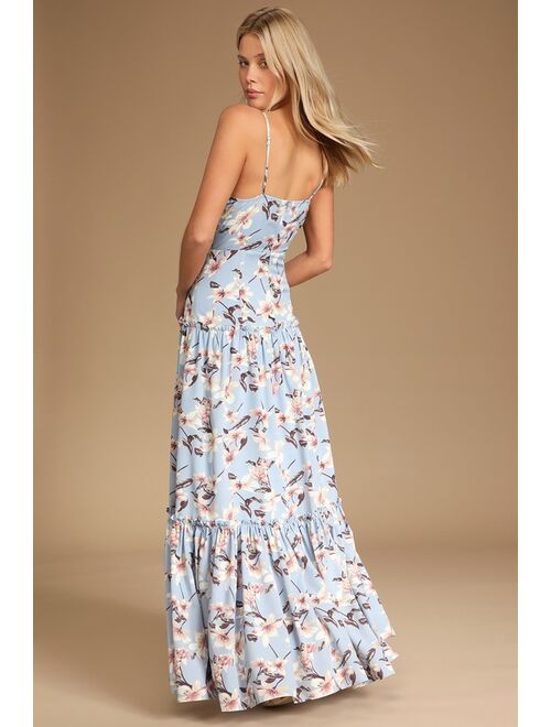 Lulus Blooms of Paradise Light Blue Floral Print Sleeveless Maxi Dress