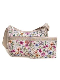 Sunshine Garden Classic Hobo Crossbody Bag   Cosmetic Bag, Style 7520/Color F654, Elegant Multi-Color Vibrant Watercolor Floral, Neutral Cream Trim/Metallic Go