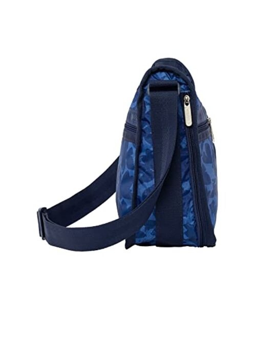 LeSportsac Flower Petals Deluxe Everyday Crossbody Bag + Cosmetic Bag, Style 7507/Color F976, Navy Blue Flower Petals Artfully Arranged in Modern Abstract Style Design, S