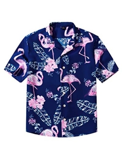 siliteelon Boys Short Sleeve Casual Hawaiian Shirts, Summer Beach Cotton Printed Button Down Shirts for Boy