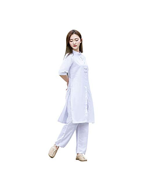 KSUA Traditional Chinese Clothing Womens Tai Chi Suit Linen Hanfu Kung Fu uniform Chinese Meditation Suit with Half Sleeve