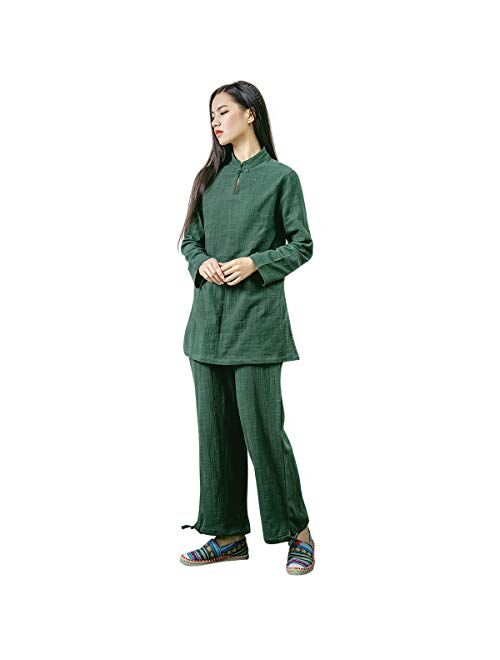 KSUA Womens Tai Chi Uniform Chinese Traditional Kung Fu Clothing Cotton Linen Yoga Suit for Zen Meditation Martial Arts