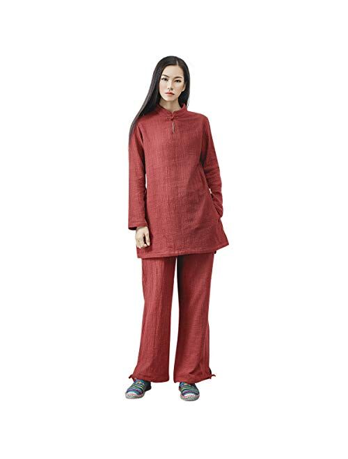 KSUA Womens Tai Chi Uniform Chinese Traditional Kung Fu Clothing Cotton Linen Yoga Suit for Zen Meditation Martial Arts