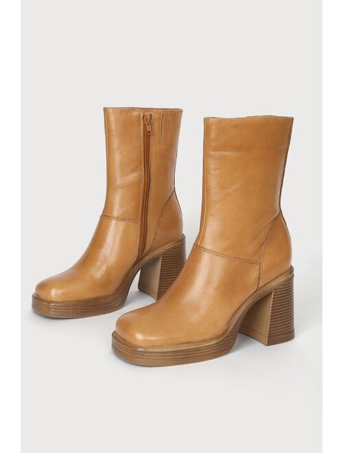 Steve Madden Fantsie Tan Leather Platform Mid-Calf Boots