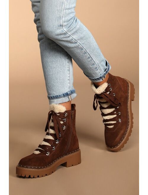 Steve Madden Rainier Cognac Suede Leather Lace-Up Platform Ankle Boots