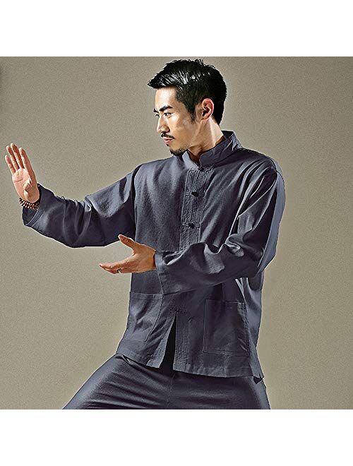 KSUA Mens Martial Arts Uniform Kung Fu Clothing for Martial Arts Chinese Casual Long Sleeve Cotton Linen Yoga Top