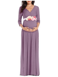 KIM S Maternity Maxi Dress with Flower Sash(S-3XL)/Wrapped Ruched V Neck Photoshoot Baby Shower Dresses