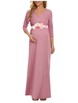 KIM S Maternity Maxi Dress with Flower Sash(S-3XL)/Wrapped Ruched V Neck Photoshoot Baby Shower Dresses