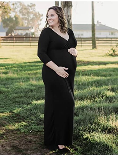 KIM S Maternity Maxi Dress with Flower Sash(S-3XL)/Wrapped Ruched V Neck Photoshoot Baby Shower Dresses