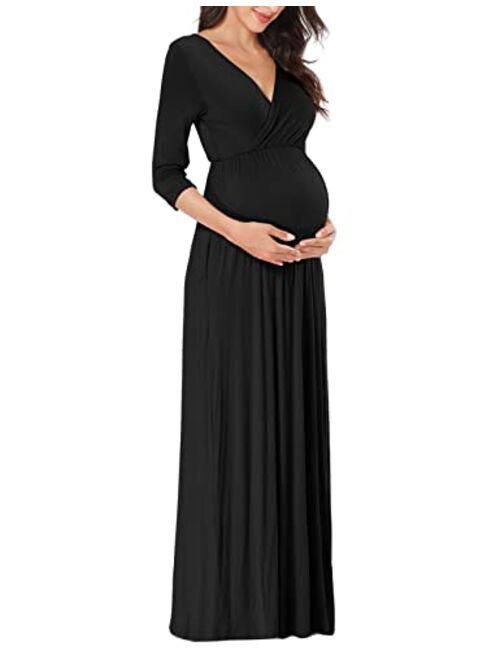 KIM S Maternity Maxi Dress with Flower Sash(S-3XL)/Wrapped Ruched V Neck Photoshoot Baby Shower Dresses