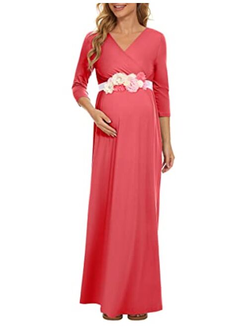 KIM S Maternity Maxi Dress with Flower Sash(S-3XL)/Wrapped Ruched V Neck Photoshoot Baby Shower Dresses