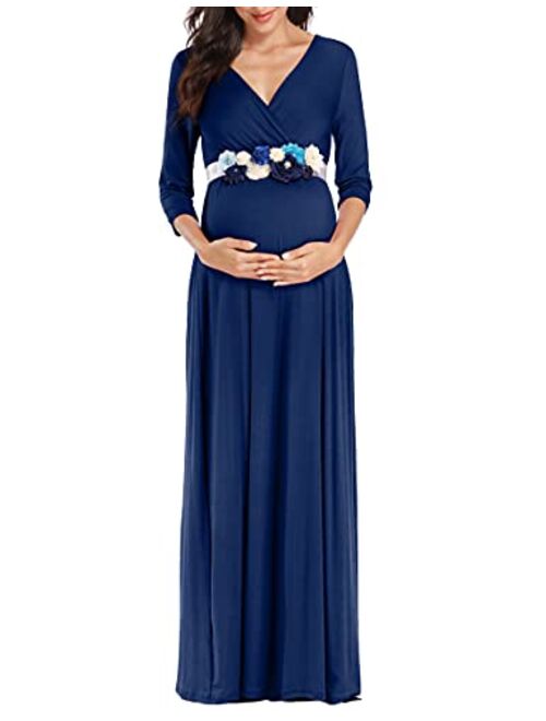 KIM S Maternity Maxi Dress with Flower Sash(S-3XL)/Wrapped Ruched V Neck Photoshoot Baby Shower Dresses