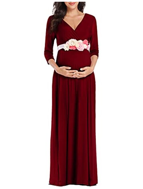 KIM S Maternity Maxi Dress with Flower Sash(S-3XL)/Wrapped Ruched V Neck Photoshoot Baby Shower Dresses