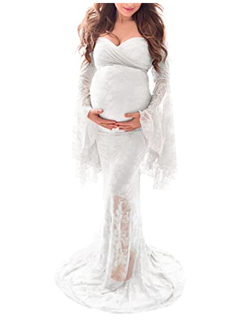 Saslax Off Shoulder Lace Maternity Dress for Photography Maxi Maternity Props Dresses for Photo Shoot Baby Shower