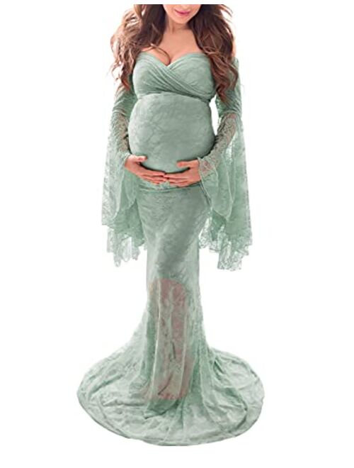 Saslax Off Shoulder Lace Maternity Dress for Photography Maxi Maternity Props Dresses for Photo Shoot Baby Shower