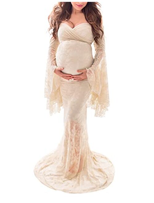 Saslax Off Shoulder Lace Maternity Dress for Photography Maxi Maternity Props Dresses for Photo Shoot Baby Shower