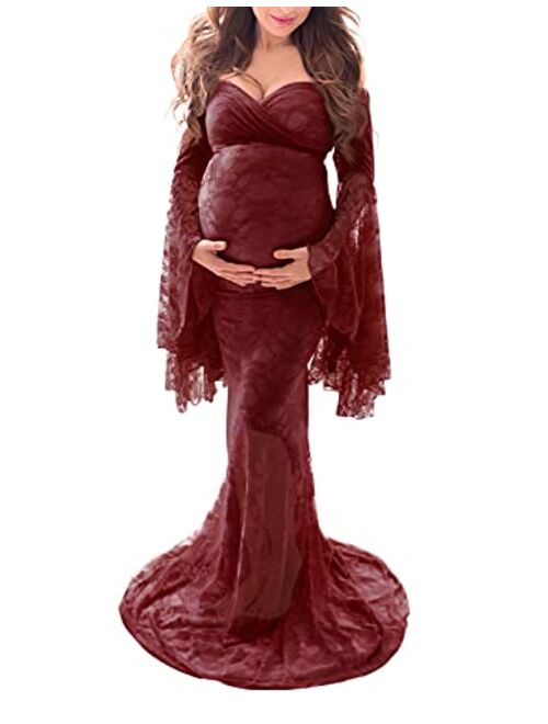 Saslax Off Shoulder Lace Maternity Dress for Photography Maxi Maternity Props Dresses for Photo Shoot Baby Shower