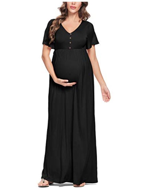 Peauty Button Down Maternity Dress Ruffle Short Sleeve Maxi Dress Baby Shower Maternity Photoshoot Casual