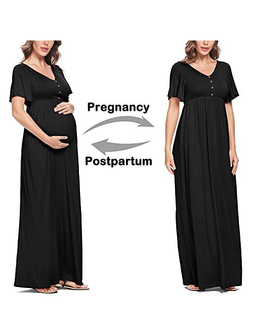 Peauty Button Down Maternity Dress Ruffle Short Sleeve Maxi Dress Baby Shower Maternity Photoshoot Casual