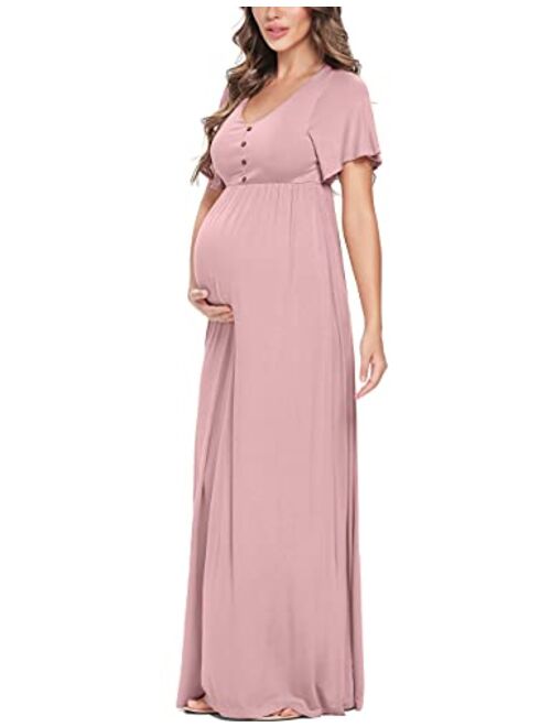 Peauty Button Down Maternity Dress Ruffle Short Sleeve Maxi Dress Baby Shower Maternity Photoshoot Casual