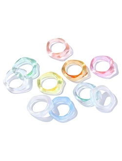 Buleens 10pcs Resin Rings Set for Women Cute Flower Anillos Chunky Acrylic Vintage Plastic Finger Ring Jewelry Stackable Colorful Fruit Clear Fun Enamel Dainty Daisy Size