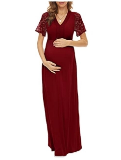 Y Lace Neckline Maternity Dress Lace Short Sleeve Maternity Maxi Dress for Baby Shower Maternity Photoshoot Casual